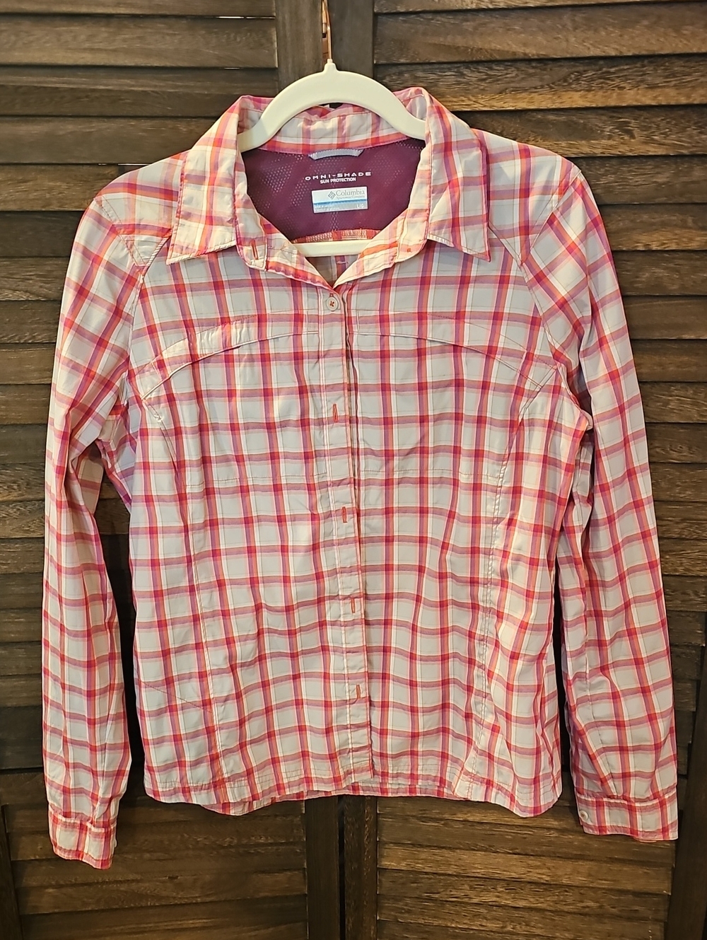 Columbia Pink and Cream Plaid Button-Down Shirt #893